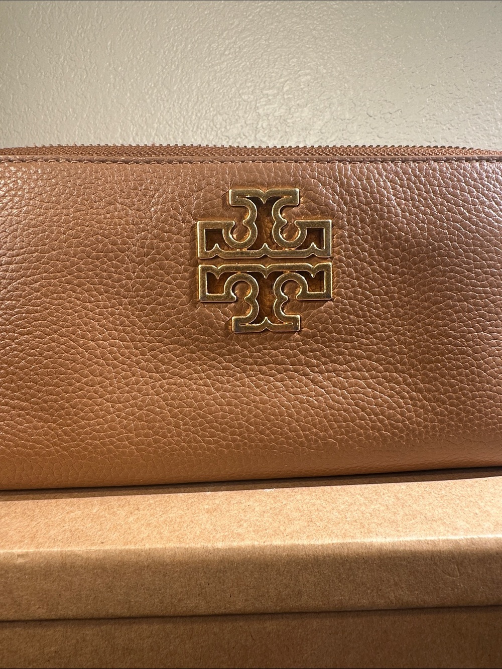 Tory Burch Cognac Pebbled Leather Zip Continental Wallet with Gold Logo